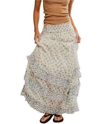 Free People Brynn Printed Mid Rise Tiered Ruffle Maxi Skirt