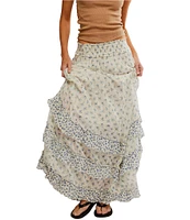 Free People Brynn Printed Mid Rise Tiered Ruffle Maxi Skirt