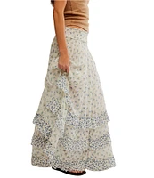 Free People Brynn Printed Mid Rise Tiered Ruffle Maxi Skirt