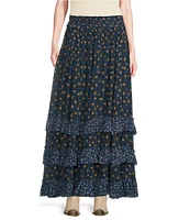 Free People Brynn Printed Mid Rise Tiered Ruffle Maxi Skirt