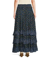 Free People Brynn Printed Mid Rise Tiered Ruffle Maxi Skirt