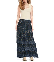 Free People Brynn Printed Mid Rise Tiered Ruffle Maxi Skirt