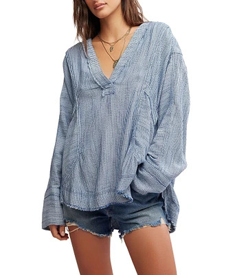 Free People By The Shore Stripe Printed V-Neck Long Sleeve Shirt