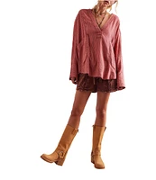 Free People By The Shore Stripe Printed V-Neck Long Sleeve Shirt