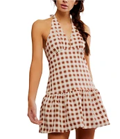 Free People Cecil Checker Print Halter Neck Drop Waist Mini Dress
