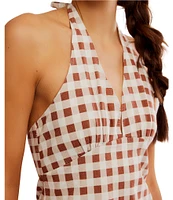 Free People Cecil Checker Print Halter Neck Drop Waist Mini Dress