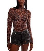 Free People Charlie Mesh Leopard Print Mock Neck Long Sleeve Top