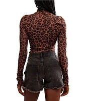 Free People Charlie Mesh Leopard Print Mock Neck Long Sleeve Top