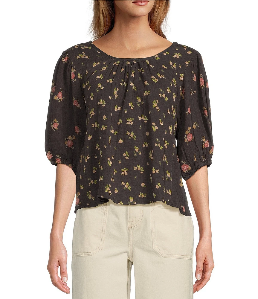 Free People Chloe Floral Print Scoop Neck Short Sleeve Back Tie Top