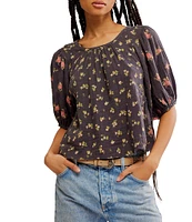 Free People Chloe Floral Print Scoop Neck Short Sleeve Back Tie Top