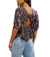 Free People Chloe Floral Print Scoop Neck Short Sleeve Back Tie Top