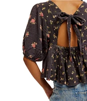 Free People Chloe Floral Print Scoop Neck Short Sleeve Back Tie Top