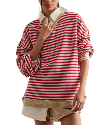 Free People Classic Striped Oversized Crew Neck Long Sleeve Sweatshirt