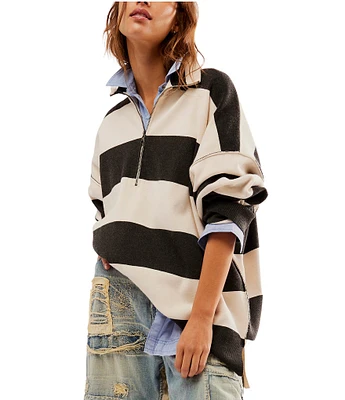 Free People Coastal Lines Stripe Quarter Zip Neck Long Sleeve Sweatshirt