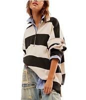 Free People Coastal Lines Stripe Quarter Zip Neck Long Sleeve Sweatshirt