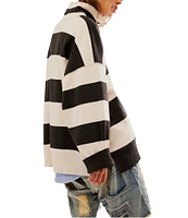 Free People Coastal Lines Stripe Quarter Zip Neck Long Sleeve Sweatshirt