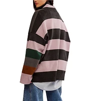 Free People Coastal Lines Stripe Quarter Zip Neck Long Sleeve Sweatshirt