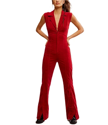 Free People CRVY Ring The Alarm Corduroy Notch Lapel Collar Neck Sleeveless Front Zip Jumpsuit