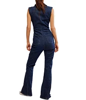 Free People CRVY Ring The Alarm Denim V-Neck Sleeveless Zip Front Flare Jumpsuit