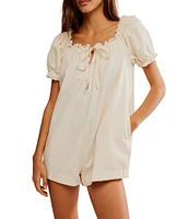Free People Daisy Denim Square Neck Short Puff Sleeve Babydoll Romper