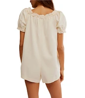 Free People Daisy Denim Square Neck Short Puff Sleeve Babydoll Romper