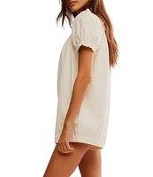 Free People Daisy Denim Square Neck Short Puff Sleeve Babydoll Romper