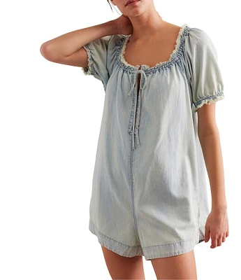 Free People Daisy Denim Square Neck Short Puff Sleeve Babydoll Romper