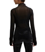 Free People Dance All Night Sheer Embellished Mesh Mock Neck Long Sleeve Fitted Top