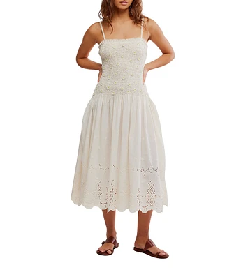 Free People Daphne Floral Applique Square Neck Sleeveless Smocked Drop Waist Midi Dress