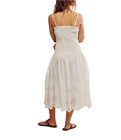 Free People Daphne Floral Applique Square Neck Sleeveless Smocked Drop Waist Midi Dress