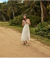 Free People Daphne Floral Applique Square Neck Sleeveless Smocked Drop Waist Midi Dress