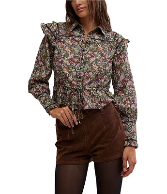 Free People Daybreak Floral Print Point Collar Neck Long Sleeve Button Front Tie Top