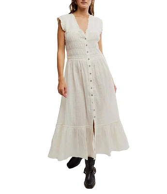 Free People Desert Dazed Ruffle V-Neck Cap Sleeve Tiered Hem Button-Front Midi Dress