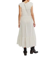 Free People Desert Dazed Ruffle V-Neck Cap Sleeve Tiered Hem Button-Front Midi Dress