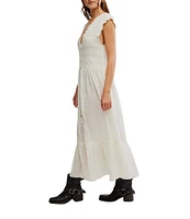 Free People Desert Dazed Ruffle V-Neck Cap Sleeve Tiered Hem Button-Front Midi Dress