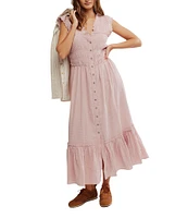 Free People Desert Dazed Ruffle V-Neck Cap Sleeve Tiered Hem Button-Front Midi Dress
