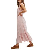 Free People Desert Dazed Ruffle V-Neck Cap Sleeve Tiered Hem Button-Front Midi Dress