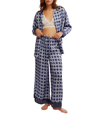 Free People Dreamy Days Allover Floral Geo Print Satin Notch Collar Long Sleeve Wide Leg Oversized Pajama Set