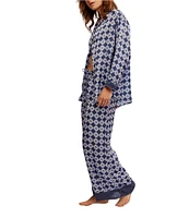Free People Dreamy Days Allover Floral Geo Print Satin Notch Collar Long Sleeve Wide Leg Oversized Pajama Set