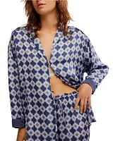 Free People Dreamy Days Allover Floral Geo Print Satin Notch Collar Long Sleeve Wide Leg Oversized Pajama Set
