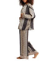 Free People Dreamy Days Allover Geo Striped Print Satin Notch Collar Long Sleeve Wide Leg Oversized Pajama Set