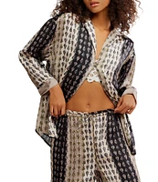 Free People Dreamy Days Allover Geo Striped Print Satin Notch Collar Long Sleeve Wide Leg Oversized Pajama Set