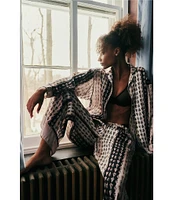 Free People Dreamy Days Allover Geo Striped Print Satin Notch Collar Long Sleeve Wide Leg Oversized Pajama Set