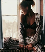 Free People Dreamy Days Allover Geo Striped Print Satin Notch Collar Long Sleeve Wide Leg Oversized Pajama Set