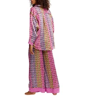 Free People Dreamy Days Allover Geo Striped Print Satin Notch Collar Long Sleeve Wide Leg Oversized Pajama Set
