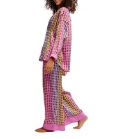 Free People Dreamy Days Allover Geo Striped Print Satin Notch Collar Long Sleeve Wide Leg Oversized Pajama Set