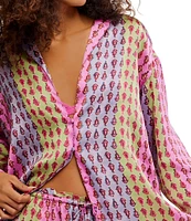 Free People Dreamy Days Allover Geo Striped Print Satin Notch Collar Long Sleeve Wide Leg Oversized Pajama Set