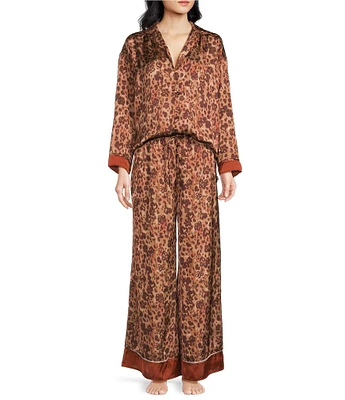 Free People Dreamy Days Allover Leopard Print Satin Notch Collar Long Sleeve Wide Leg Oversized Pajama Set