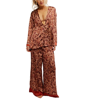 Free People Dreamy Days Allover Leopard Print Satin Notch Collar Long Sleeve Wide Leg Oversized Pajama Set