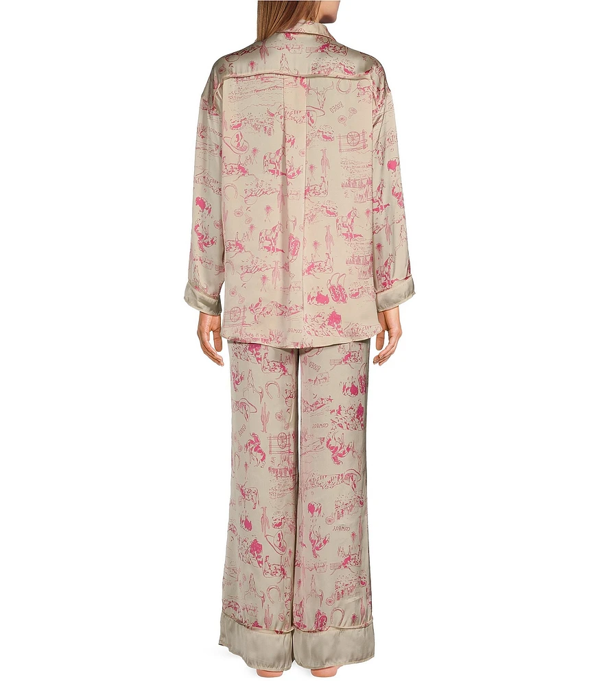 Free People Dreamy Days Allover Printed Lightweight Soft Satin Notch Collar Long Sleeve Wide Leg Oversized Pajama Set